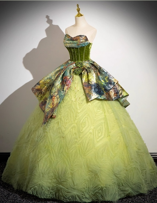Vintage Green Strapless Sweet 16 Quinceanera Retro Floral Print Evening Dress Tulle A-Line Sweetheart Ball Gown DP6896