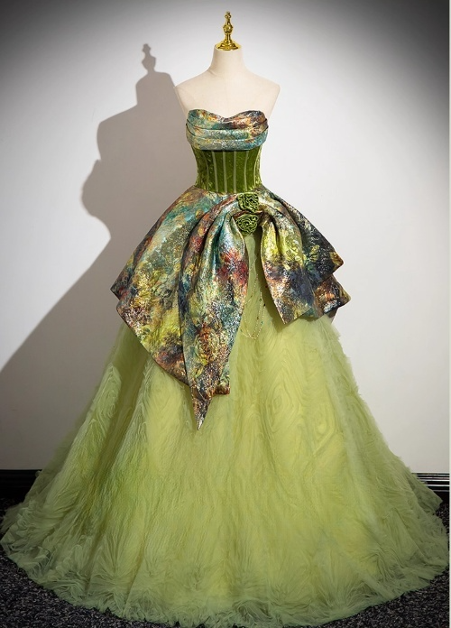 Vintage Green Strapless Sweet 16 Quinceanera Retro Floral Print Evening Dress Tulle A-Line Sweetheart Ball Gown DP6896
