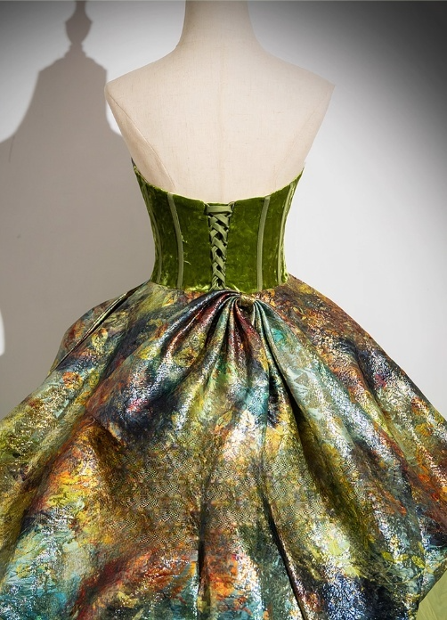 Vintage Green Strapless Sweet 16 Quinceanera Retro Floral Print Evening Dress Tulle A-Line Sweetheart Ball Gown DP6896