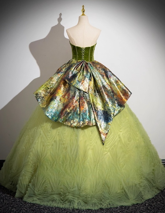 Vintage Green Strapless Sweet 16 Quinceanera Retro Floral Print Evening Dress Tulle A-Line Sweetheart Ball Gown DP6896