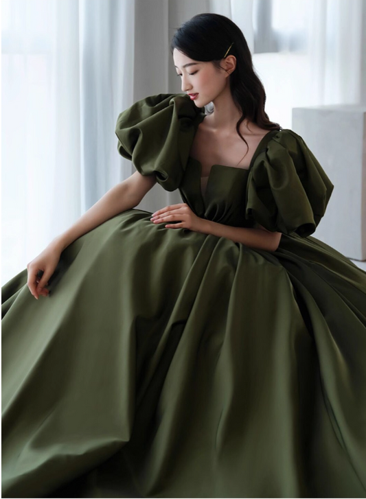 Vintage Dark Green Satin A-Line Sweet 16 Quinceanera Puffy Sleeves Sash Evening Dress Floor Length Ball Gown DP6898