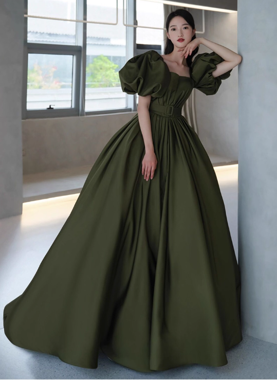 Vintage Dark Green Satin A-Line Sweet 16 Quinceanera Puffy Sleeves Sash Evening Dress Floor Length Ball Gown DP6898