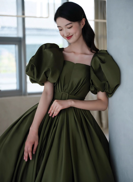 Vintage Dark Green Satin A-Line Sweet 16 Quinceanera Puffy Sleeves Sash Evening Dress Floor Length Ball Gown DP6898