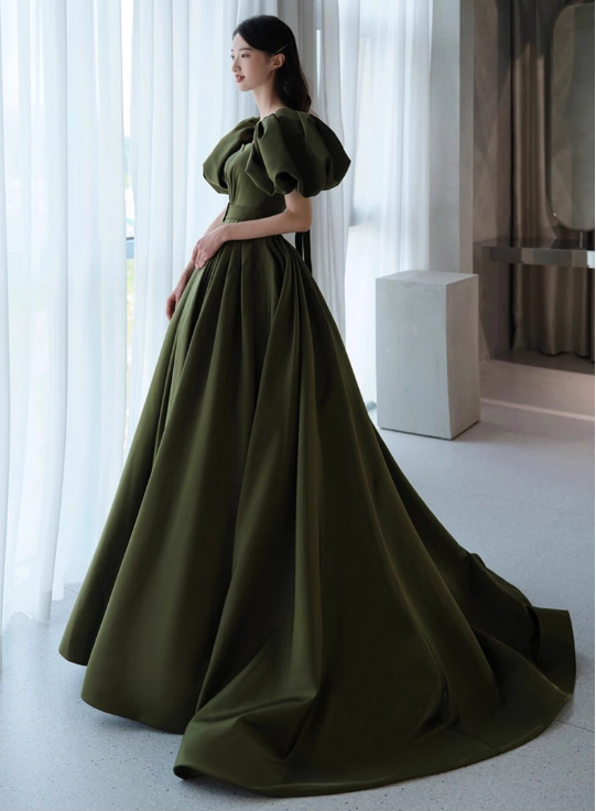 Vintage Dark Green Satin A-Line Sweet 16 Quinceanera Puffy Sleeves Sash Evening Dress Floor Length Ball Gown DP6898