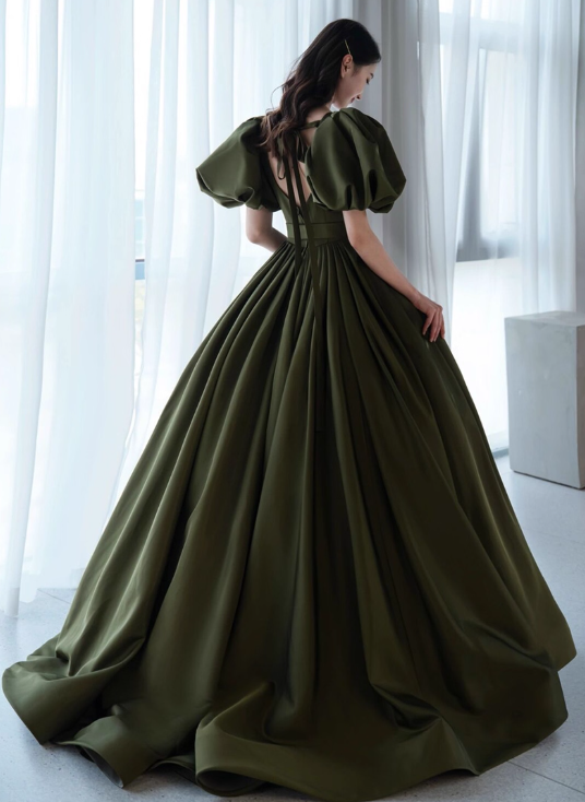 Vintage Dark Green Satin A-Line Sweet 16 Quinceanera Puffy Sleeves Sash Evening Dress Floor Length Ball Gown DP6898