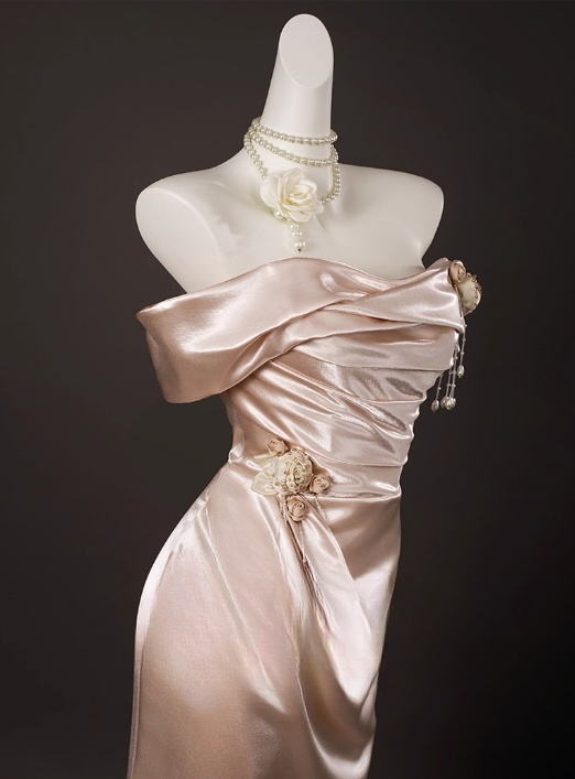 Vintage Champagne Pink Satin 3D Flowers Beaded Prom Dress Sheath Off-the-shoulder Evening Gown High Slit Party Dress Long Formal Dress DP6901