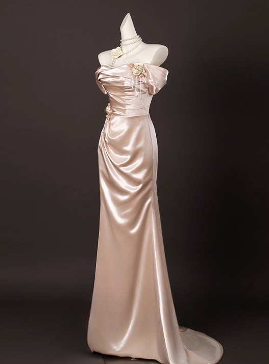 Vintage Champagne Pink Satin 3D Flowers Beaded Prom Dress Sheath Off-the-shoulder Evening Gown High Slit Party Dress Long Formal Dress DP6901