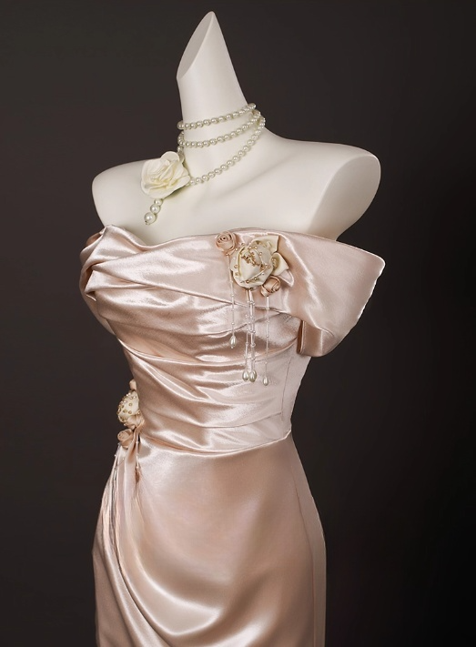 Vintage Champagne Pink Satin 3D Flowers Beaded Prom Dress Sheath Off-the-shoulder Evening Gown High Slit Party Dress Long Formal Dress DP6901