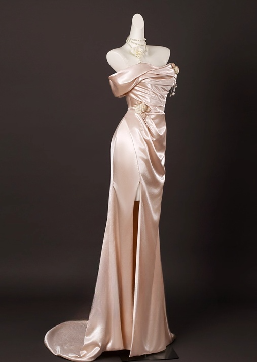 Vintage Champagne Pink Satin 3D Flowers Beaded Prom Dress Sheath Off-the-shoulder Evening Gown High Slit Party Dress Long Formal Dress DP6901