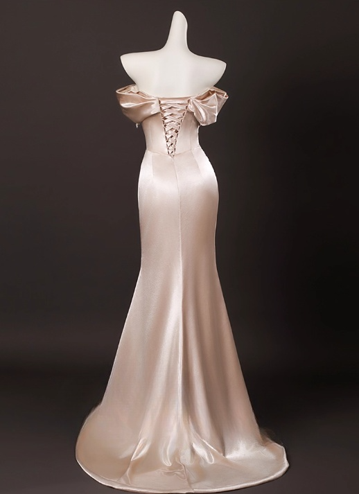 Vintage Champagne Pink Satin 3D Flowers Beaded Prom Dress Sheath Off-the-shoulder Evening Gown High Slit Party Dress Long Formal Dress DP6901