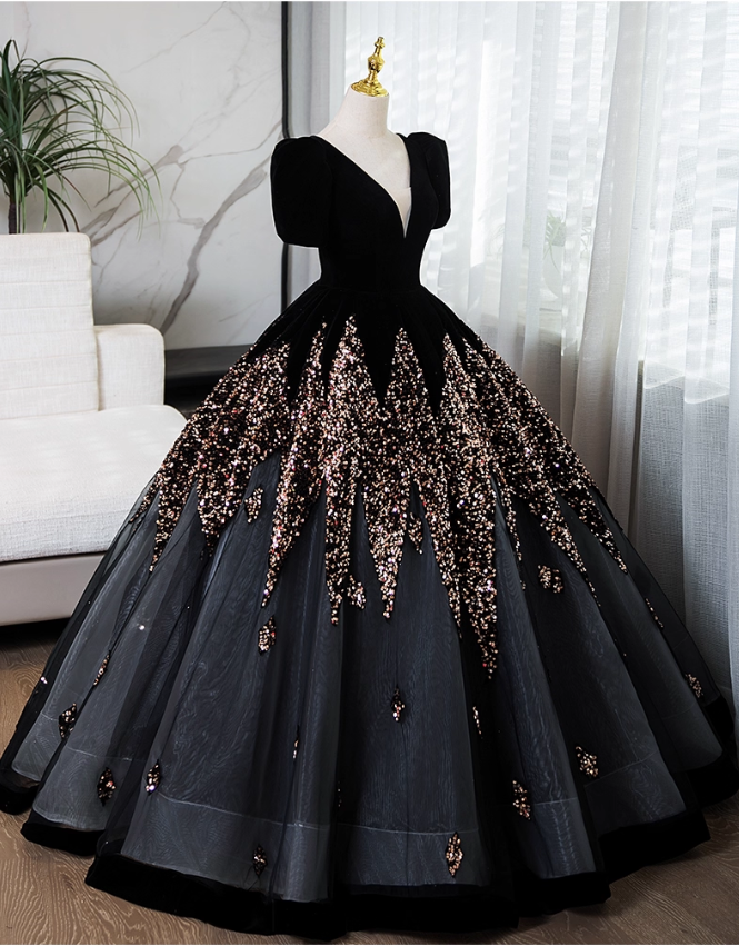 Chic Black V-neck Beaded A-Line Prom Dress Short-sleeved Evening Gown Party Dress Long Formal Dress DP6903