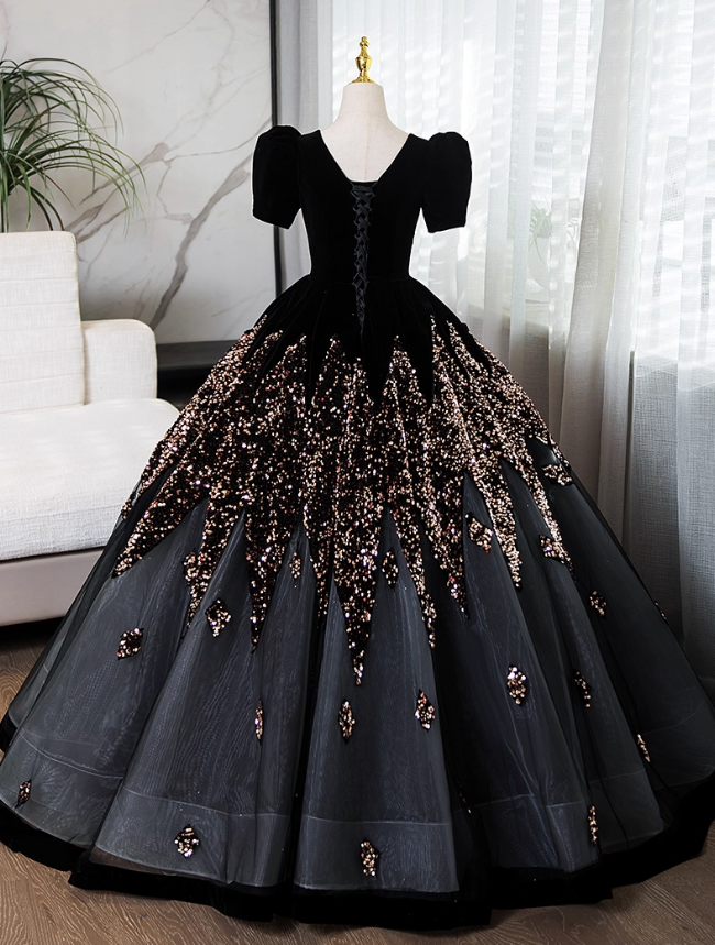 Chic Black V-neck Beaded A-Line Prom Dress Short-sleeved Evening Gown Party Dress Long Formal Dress DP6903