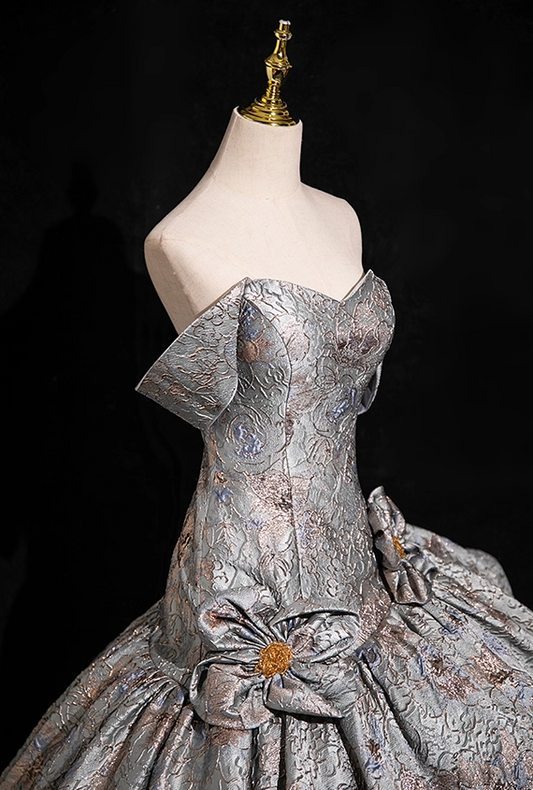 Chic Silver-gray 3D Flowers A-Line Prom Dress Off-the-shoulder Evening Gown Party Dress Long Formal Dress DP6904