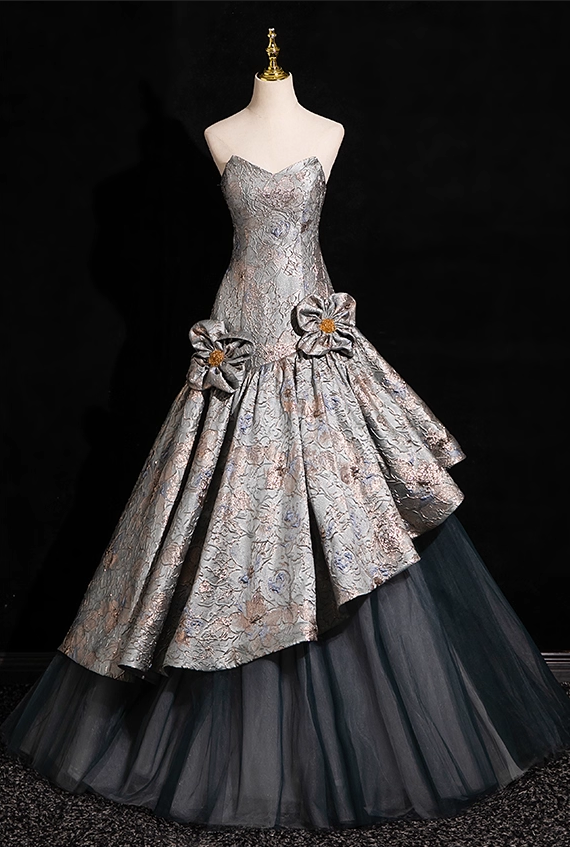Chic Silver-gray 3D Flowers A-Line Prom Dress Off-the-shoulder Evening Gown Party Dress Long Formal Dress DP6904