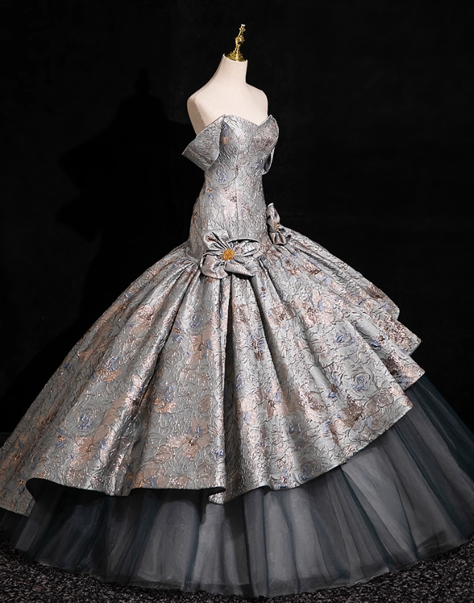 Chic Silver-gray 3D Flowers A-Line Prom Dress Off-the-shoulder Evening Gown Party Dress Long Formal Dress DP6904