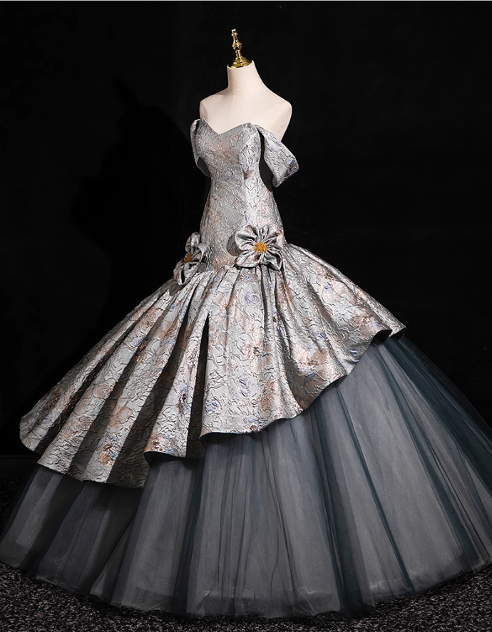 Chic Silver-gray 3D Flowers A-Line Prom Dress Off-the-shoulder Evening Gown Party Dress Long Formal Dress DP6904
