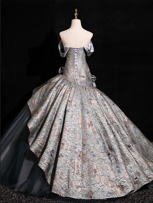 Chic Silver-gray 3D Flowers A-Line Prom Dress Off-the-shoulder Evening Gown Party Dress Long Formal Dress DP6904