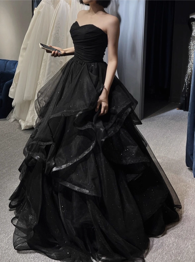 Vintage Black Glittering Tulle A-Line Prom Dress Strapless Evening Gown Sweetheart Ruffled Party Dress Long Formal Dress DP6905