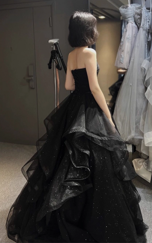 Vintage Black Glittering Tulle A-Line Prom Dress Strapless Evening Gown Sweetheart Ruffled Party Dress Long Formal Dress DP6905