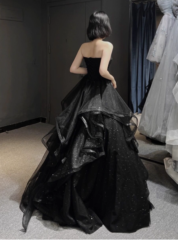 Vintage Black Glittering Tulle A-Line Prom Dress Strapless Evening Gown Sweetheart Ruffled Party Dress Long Formal Dress DP6905