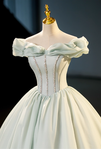 Vintage Sage Green Off-the-shoulder Prom Dress Beaded Evening Gown A-Line Party Dress Long Formal Dress DP6906