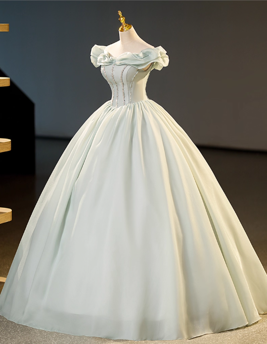 Vintage Sage Green Off-the-shoulder Prom Dress Beaded Evening Gown A-Line Party Dress Long Formal Dress DP6906