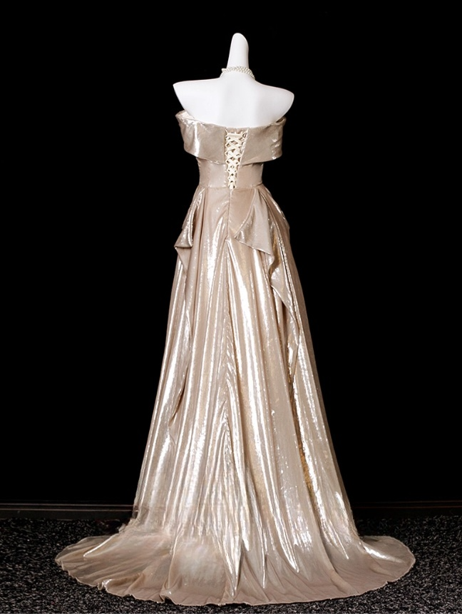 Vintage Champagne Strapless Prom Dress Sheath Evening Gown Satin Party Dress Long Formal Dress DP6907