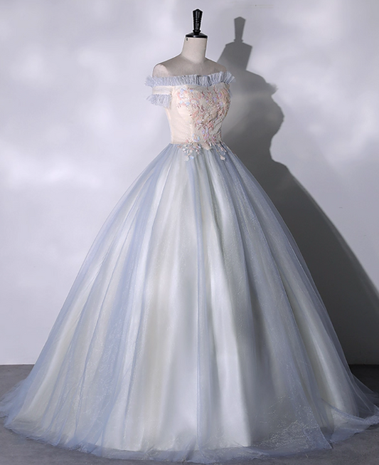 Vintage Embroidery A-Line Sweet 16 Quinceanera Off-the-shoulder Tulle Evening Dress Floor Length Ball Gown DP6908