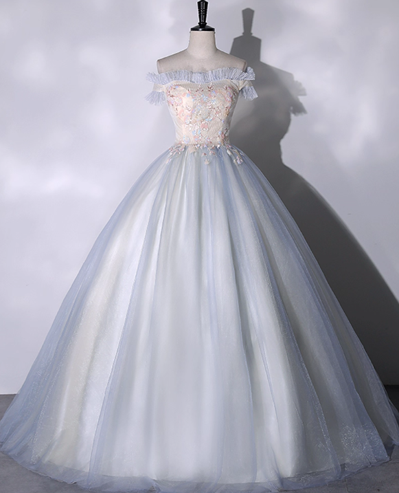 Vintage Embroidery A-Line Sweet 16 Quinceanera Off-the-shoulder Tulle Evening Dress Floor Length Ball Gown DP6908