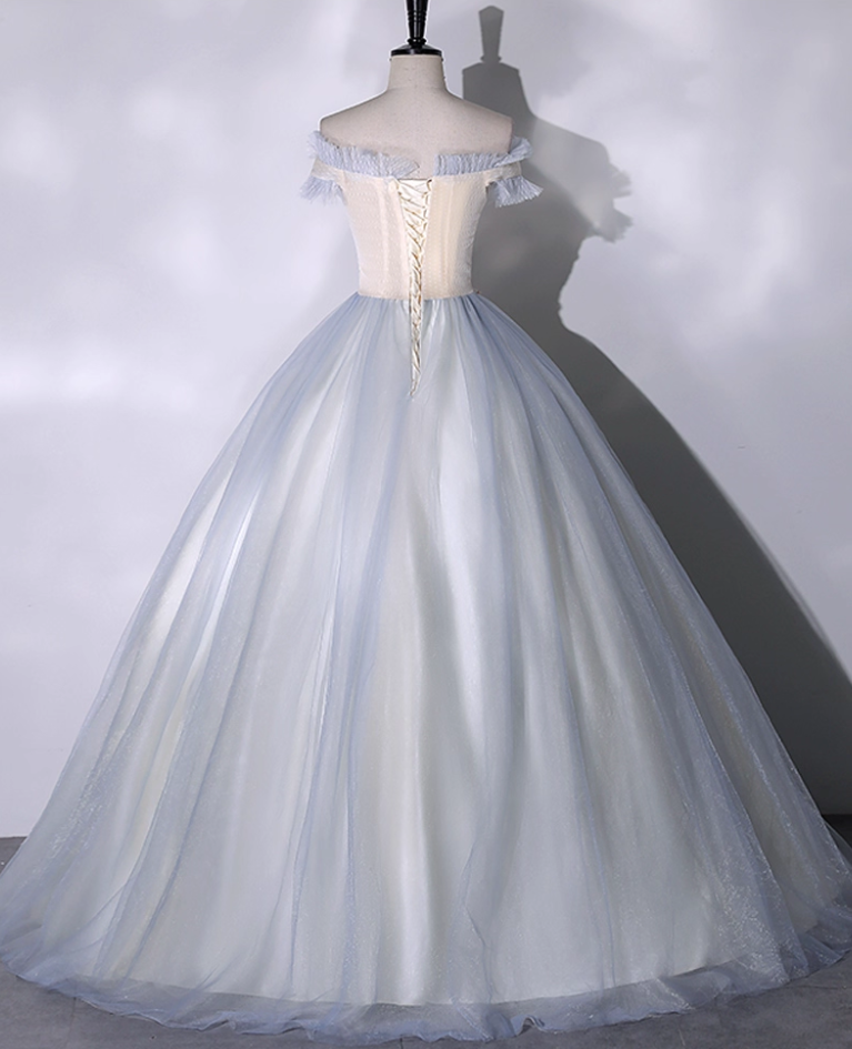 Vintage Embroidery A-Line Sweet 16 Quinceanera Off-the-shoulder Tulle Evening Dress Floor Length Ball Gown DP6908