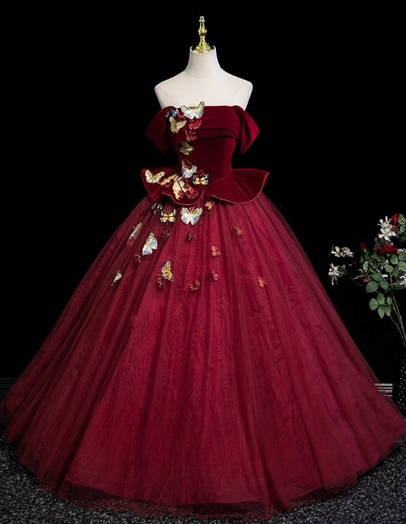 Vintage Burgundy 3D Butterflies Sweet 16 Quinceanera Off-the-shoulder Evening Dress Floor Length Ball Gown DP6909
