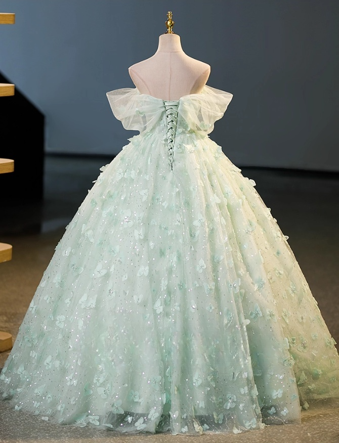 Vintage Light Green Tulle Sweet 16 Quinceanera Sweetheart Off-the-shoulder 3D Flowers Evening Dress A-Line Floor Length Ball Gown DP6911