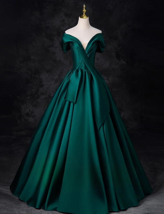 Vintage Dark Green Satin Sweet 16 Quinceanera V-neck Off-the-shoulder Evening Dress A-Line Floor Length Ball Gown DP6912