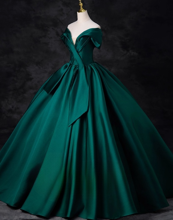 Vintage Dark Green Satin Sweet 16 Quinceanera V-neck Off-the-shoulder Evening Dress A-Line Floor Length Ball Gown DP6912
