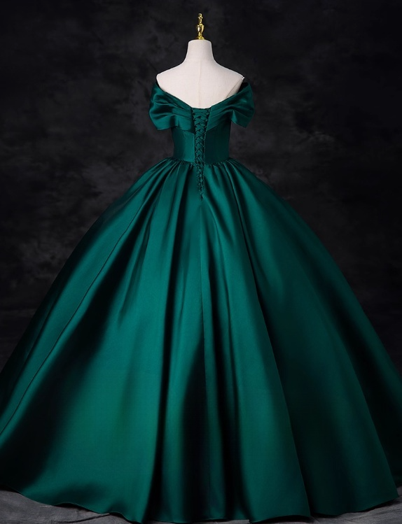 Vintage Dark Green Satin Sweet 16 Quinceanera V-neck Off-the-shoulder Evening Dress A-Line Floor Length Ball Gown DP6912