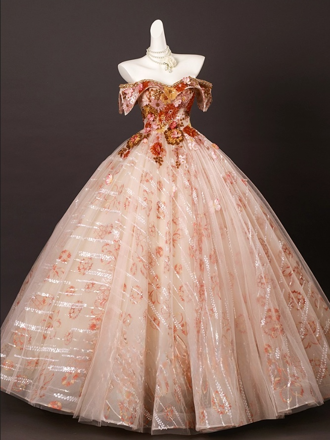 Vintage Floral Sequin Beaded Tulle Sweet 16 Quinceanera Sweetheart Off-the-shoulder Sweetheart Evening Dress A-Line Floor Length Ball Gown DP6913