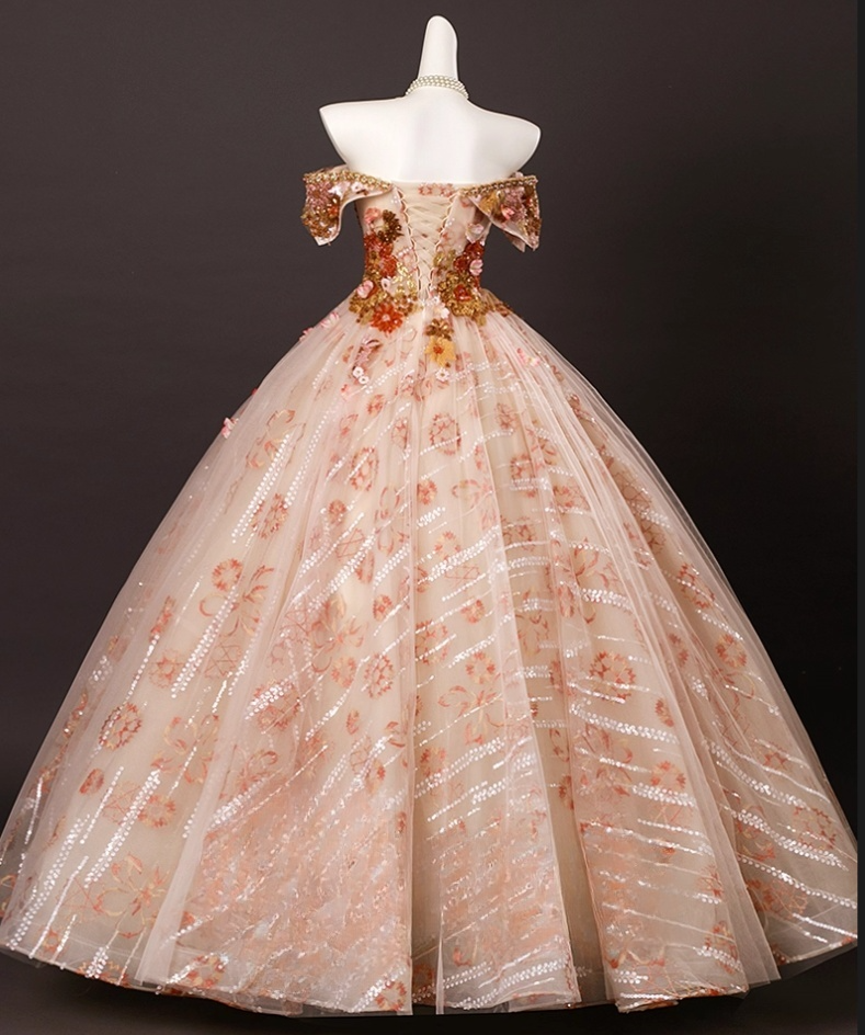 Vintage Floral Sequin Beaded Tulle Sweet 16 Quinceanera Sweetheart Off-the-shoulder Sweetheart Evening Dress A-Line Floor Length Ball Gown DP6913