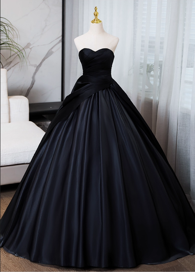 Elegant Black Satin Sweet 16 Quinceanera Sweetheart Strapless Evening Dress A-Line Floor Length Ball Gown DP6916