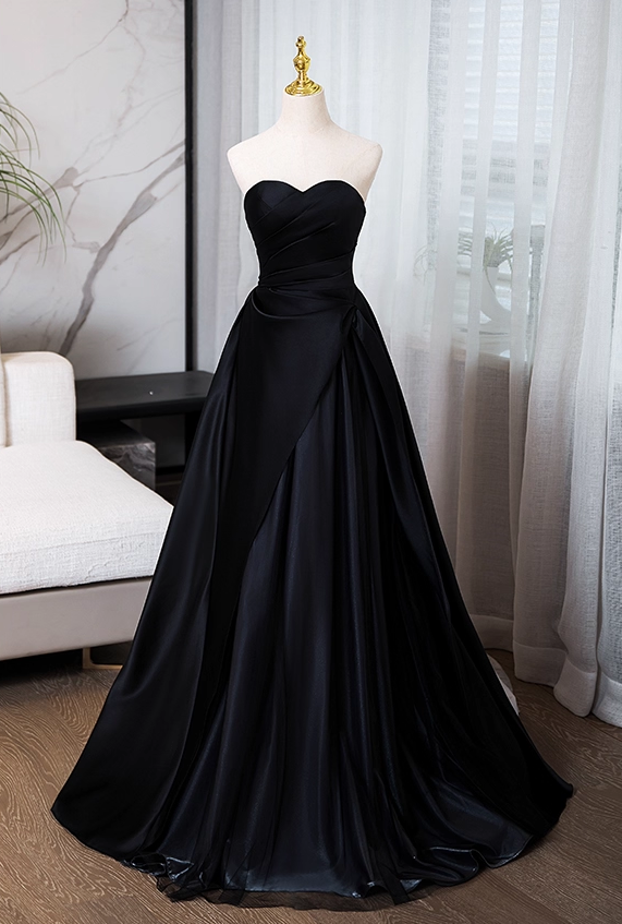 Elegant Black Satin Sweet 16 Quinceanera Sweetheart Strapless Evening Dress A-Line Floor Length Ball Gown DP6916
