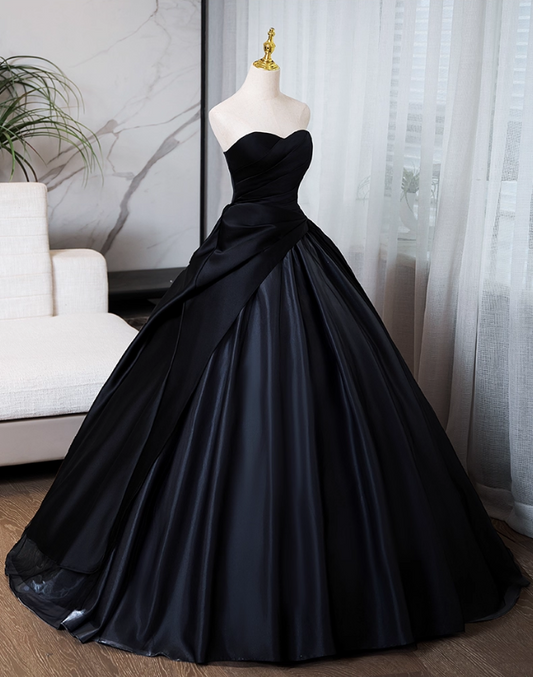 Elegant Black Satin Sweet 16 Quinceanera Sweetheart Strapless Evening Dress A-Line Floor Length Ball Gown DP6916