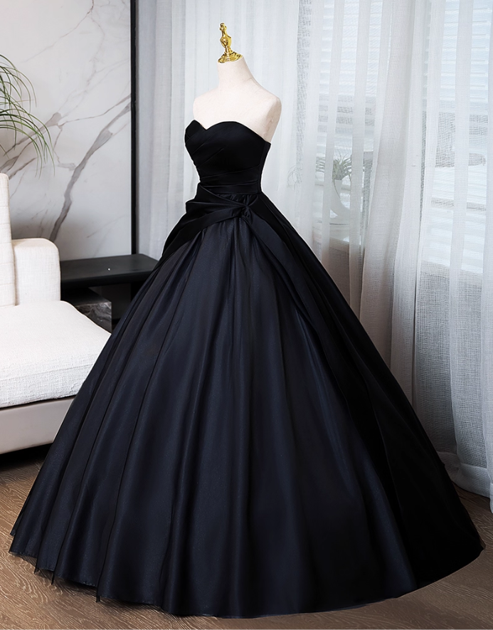 Elegant Black Satin Sweet 16 Quinceanera Sweetheart Strapless Evening Dress A-Line Floor Length Ball Gown DP6916