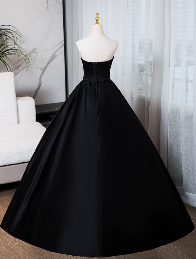 Elegant Black Satin Sweet 16 Quinceanera Sweetheart Strapless Evening Dress A-Line Floor Length Ball Gown DP6916