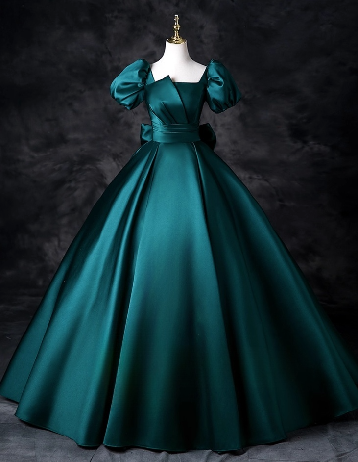 Vintage Dark Green Satin Prom Dress A-Line Evening Gown Puffy Sleeves Party Dress Long Formal Dress DP6918
