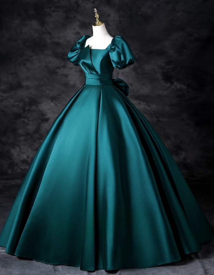 Vintage Dark Green Satin Prom Dress A-Line Evening Gown Puffy Sleeves Party Dress Long Formal Dress DP6918
