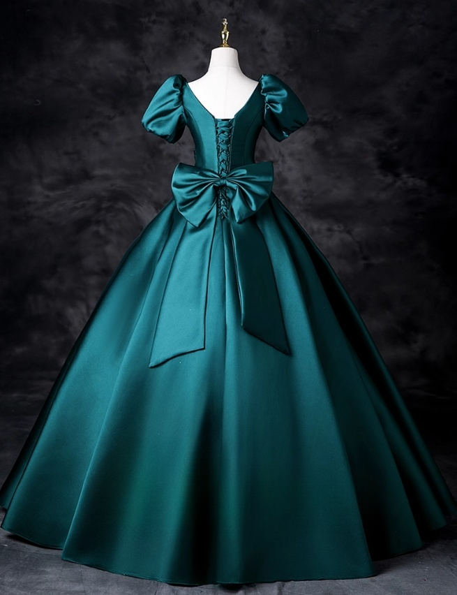 Vintage Dark Green Satin Prom Dress A-Line Evening Gown Puffy Sleeves Party Dress Long Formal Dress DP6918