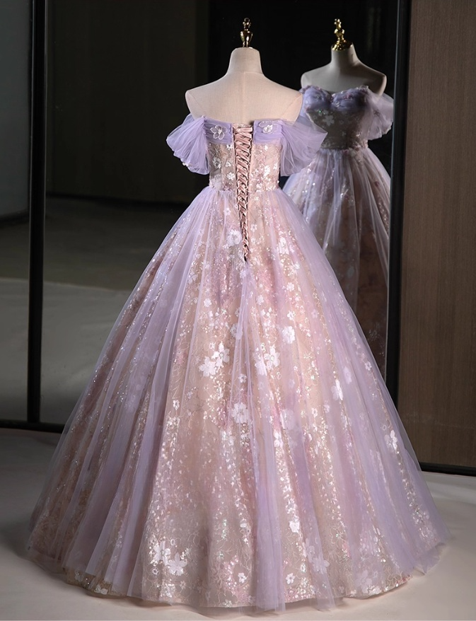 Elegant Lilac Applique Sweet 16 Quinceanera Sweetheart off-the shoulder Evening Dress A-Line Tulle Floor Length Ball Gown DP6919