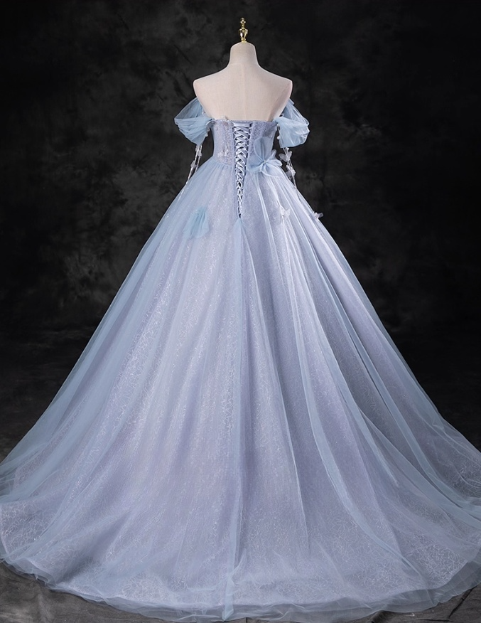 Elegant Sky Blue Applique Sweet 16 Quinceanera A-Line Sweetheart off-the shoulder Evening Dress Tulle Floor Length Ball Gown DP6920