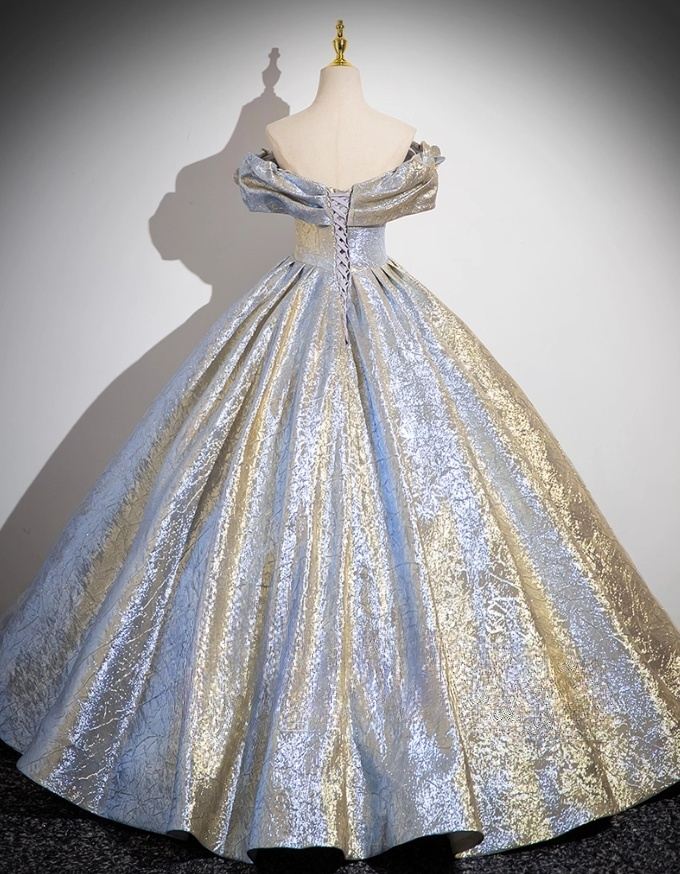 Elegant Glittering Satin Sweet 16 Quinceanera A-Line Off-the-shoulder Evening Dress Tulle Floor Length Ball Gown DP6921