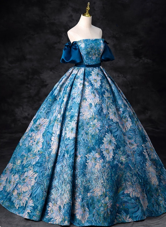 Elegant Blue Floral Satin Sweet 16 Quinceanera A-Line Off-the-shoulder Evening Dress Floor Length Ball Gown DP6922