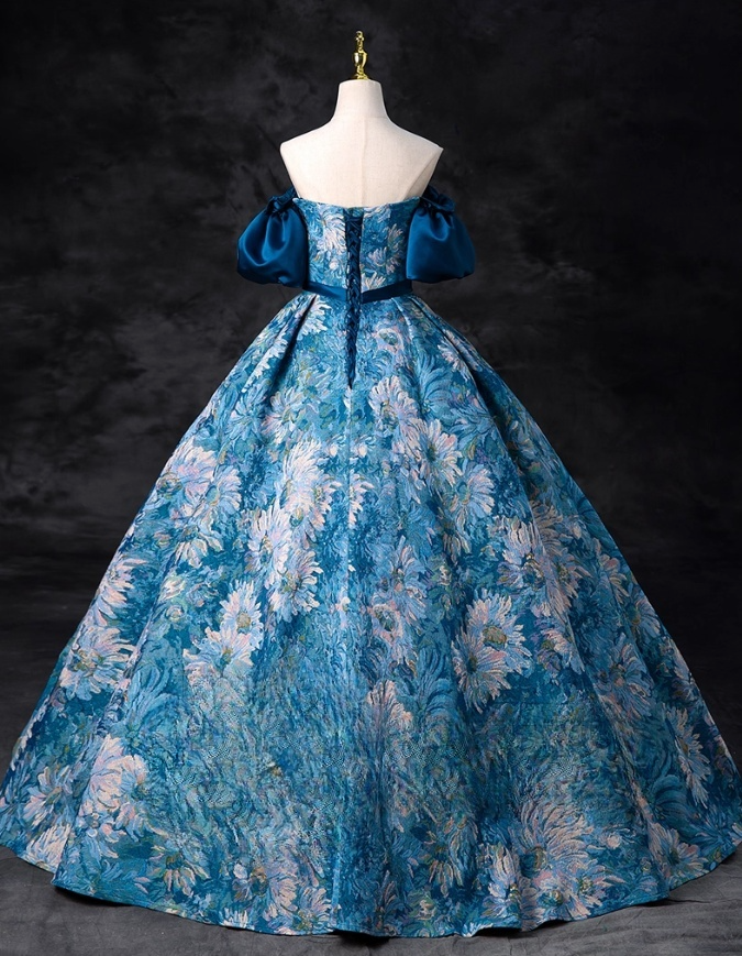 Elegant Blue Floral Satin Sweet 16 Quinceanera A-Line Off-the-shoulder Evening Dress Floor Length Ball Gown DP6922